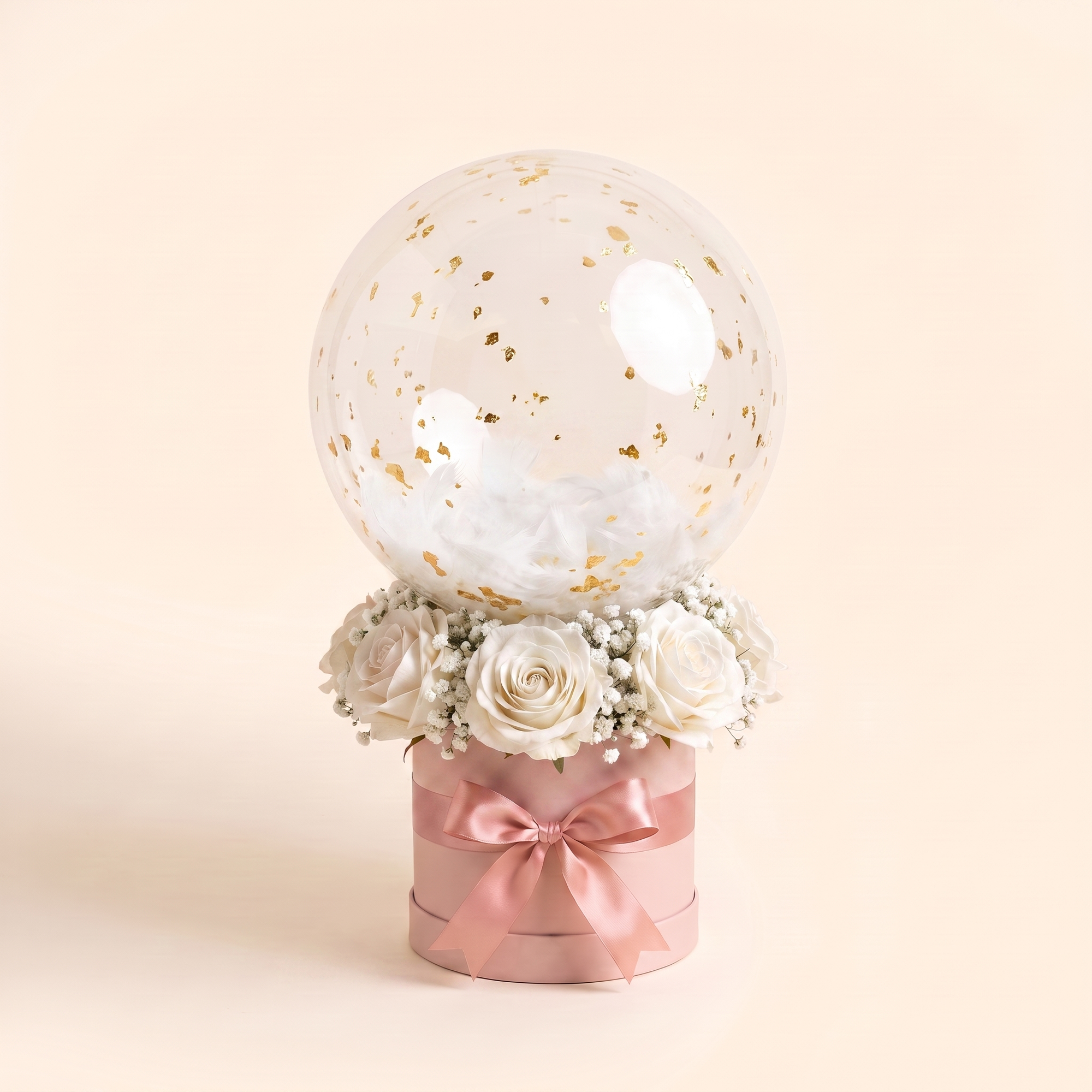 Pink box, white roses, gold flakes