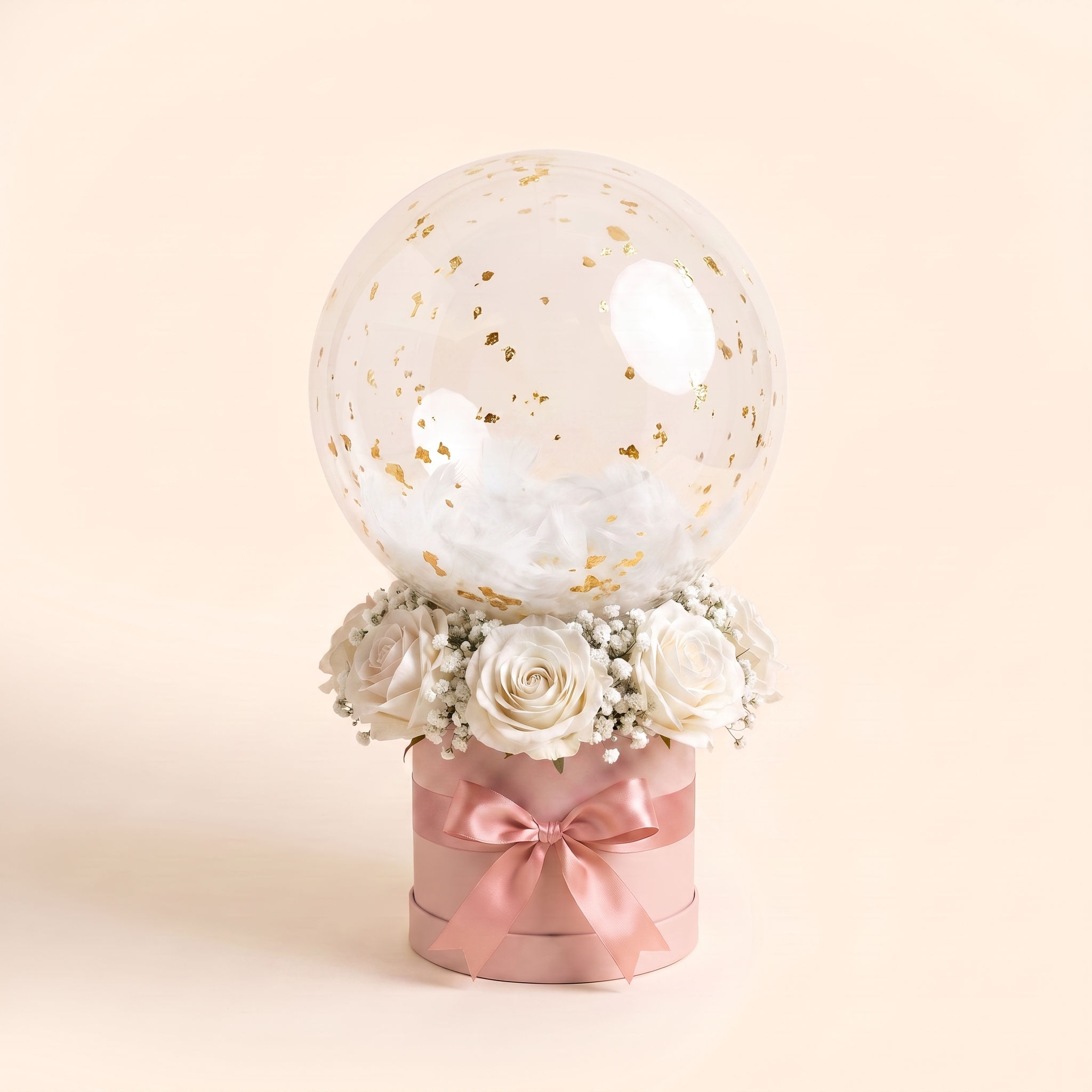 Pink box, white roses, gold flakes