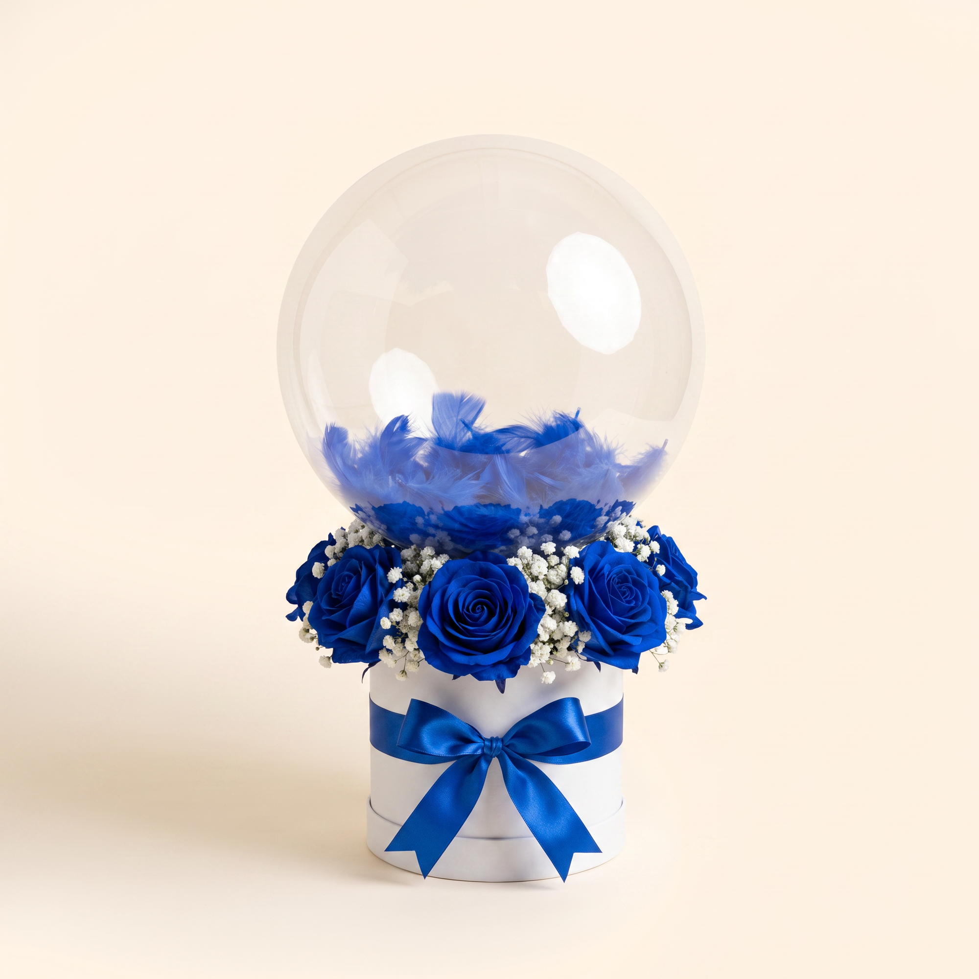 White box, dark blue roses